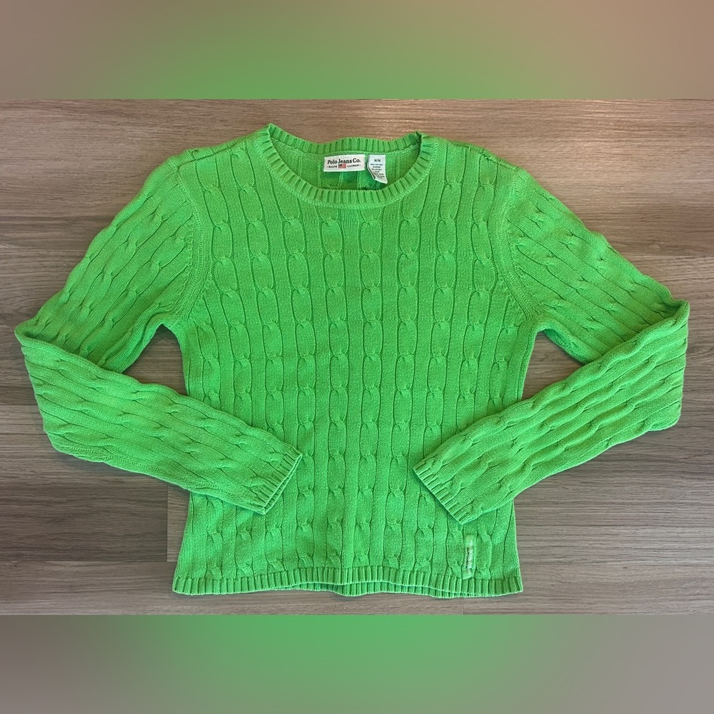Ralph Lauren Polo Jeans Company Lime Green Cable Knit Cotton Blend Sweater Med